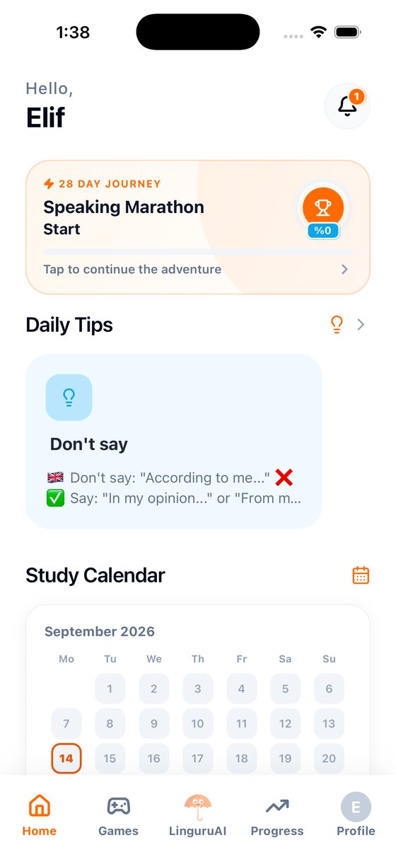 App home screen — daily journey and study calendar